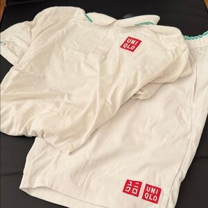 Uniqlo White Men’s Flat-Front Athletic Shorts with Red Logo